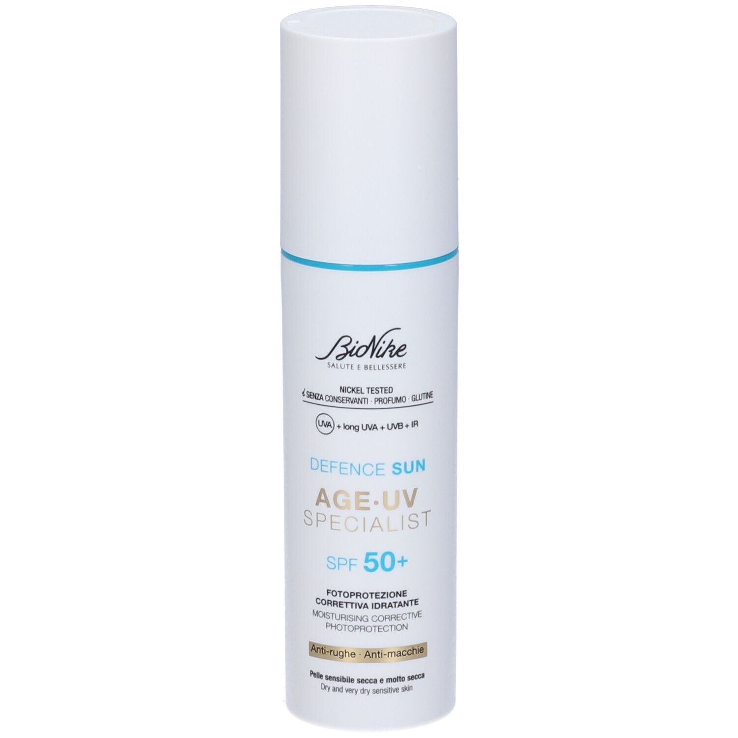 Flacone bianco con linea blu. Testo: BioNike, Defence Sun Age-UV Specialist SPF 50+. Per pelli sensibili.