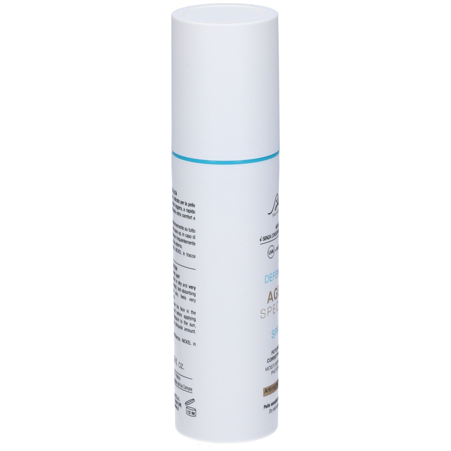 Flacone bianco con testo. Testo: BioNike, Defence Sun Age-UV Specialist SPF 50+. Per pelli sensibili. Ingredienti.