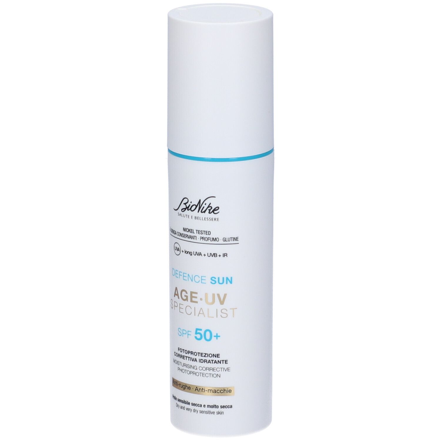 Flacone bianco con linea blu. Testo: BioNike, Defence Sun Age-UV Specialist SPF 50+. Per pelli sensibili.