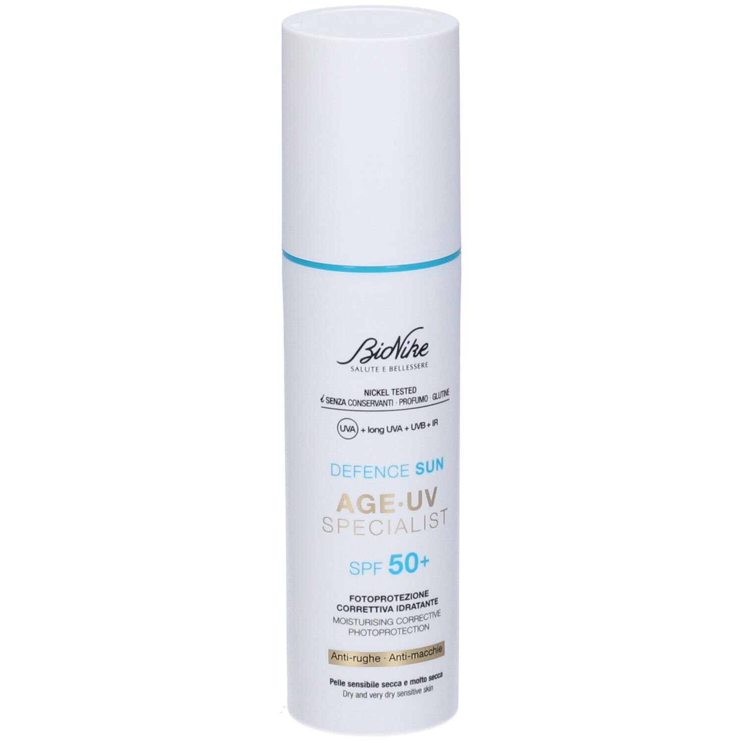 Flacone bianco con linea blu. Testo: BioNike, Defence Sun Age-UV Specialist SPF 50+. Per pelli sensibili.