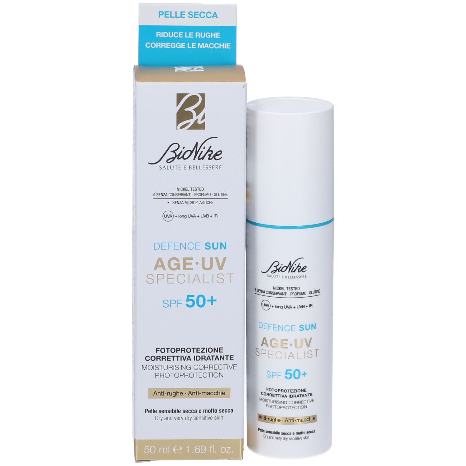 Prodotto e confezione. Testo: BioNike, Defence Sun Age-UV Specialist SPF 50+. Per pelli secche.
