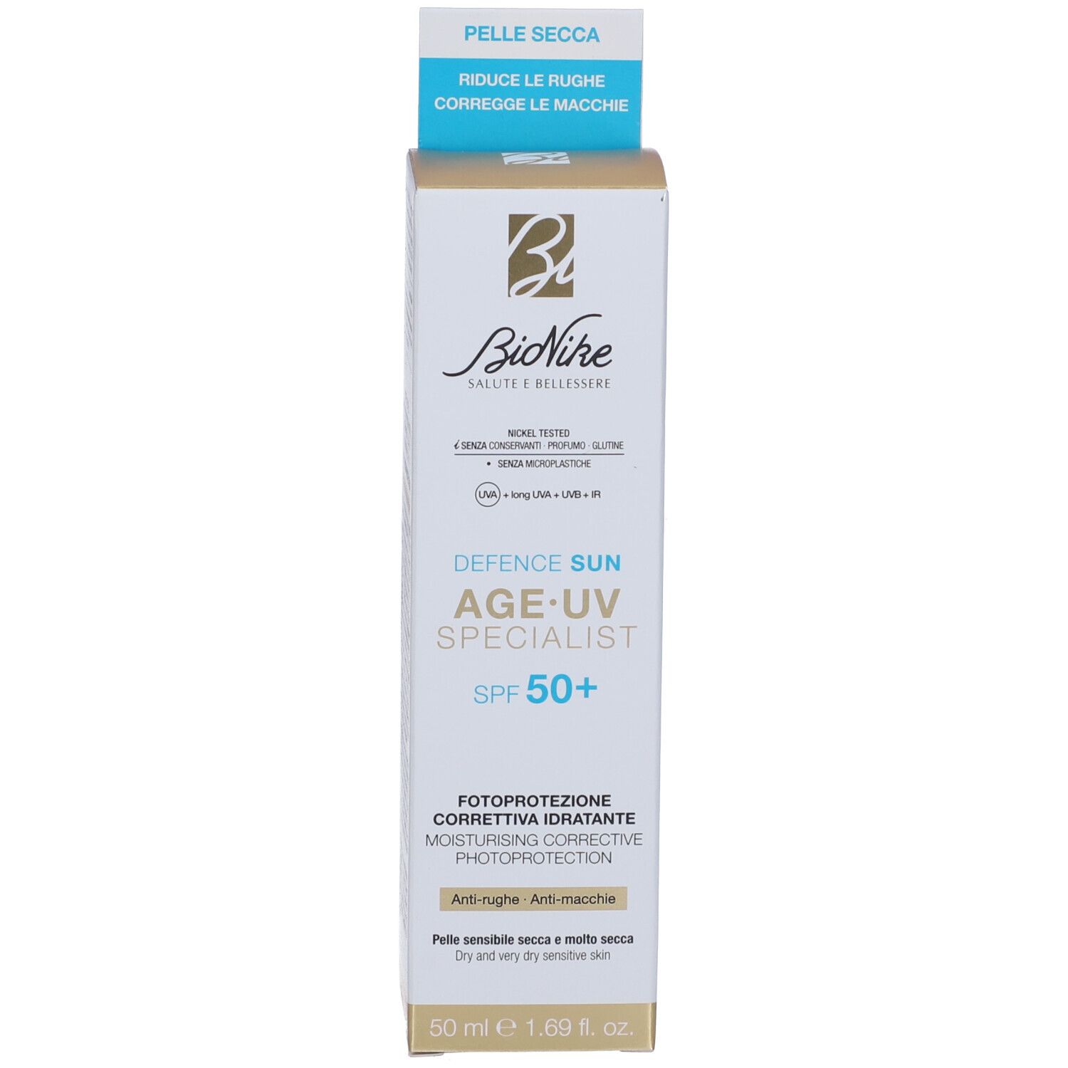 Confezione. Testo: BioNike, Defence Sun Age-UV Specialist SPF 50+. Per pelli secche. Riduce le rughe.
