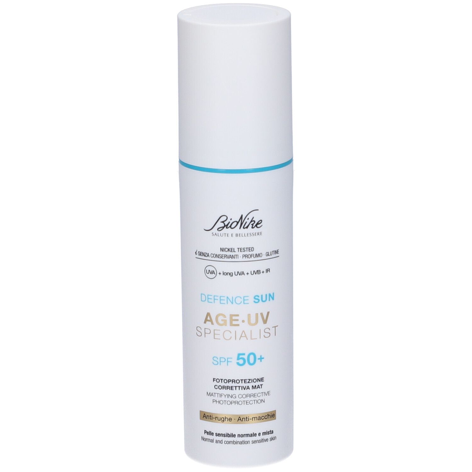 Flacone bianco con banda blu. Testo: BioNike, Defence Sun Age UV Specialist SPF 50+. Per pelli normali e miste.