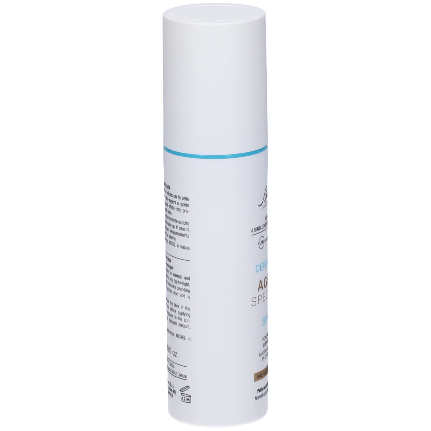 Flacone bianco con testo. Testo: BioNike, Defence Sun Age UV Specialist SPF 50+. Informazioni sull'uso e sugli ingredienti.