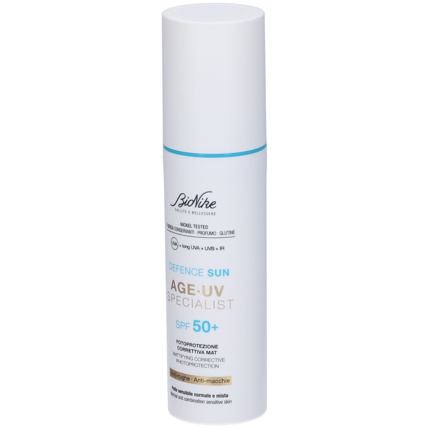 Flacone bianco con banda blu. Testo: BioNike, Defence Sun Age UV Specialist SPF 50+. Per pelli normali e miste.