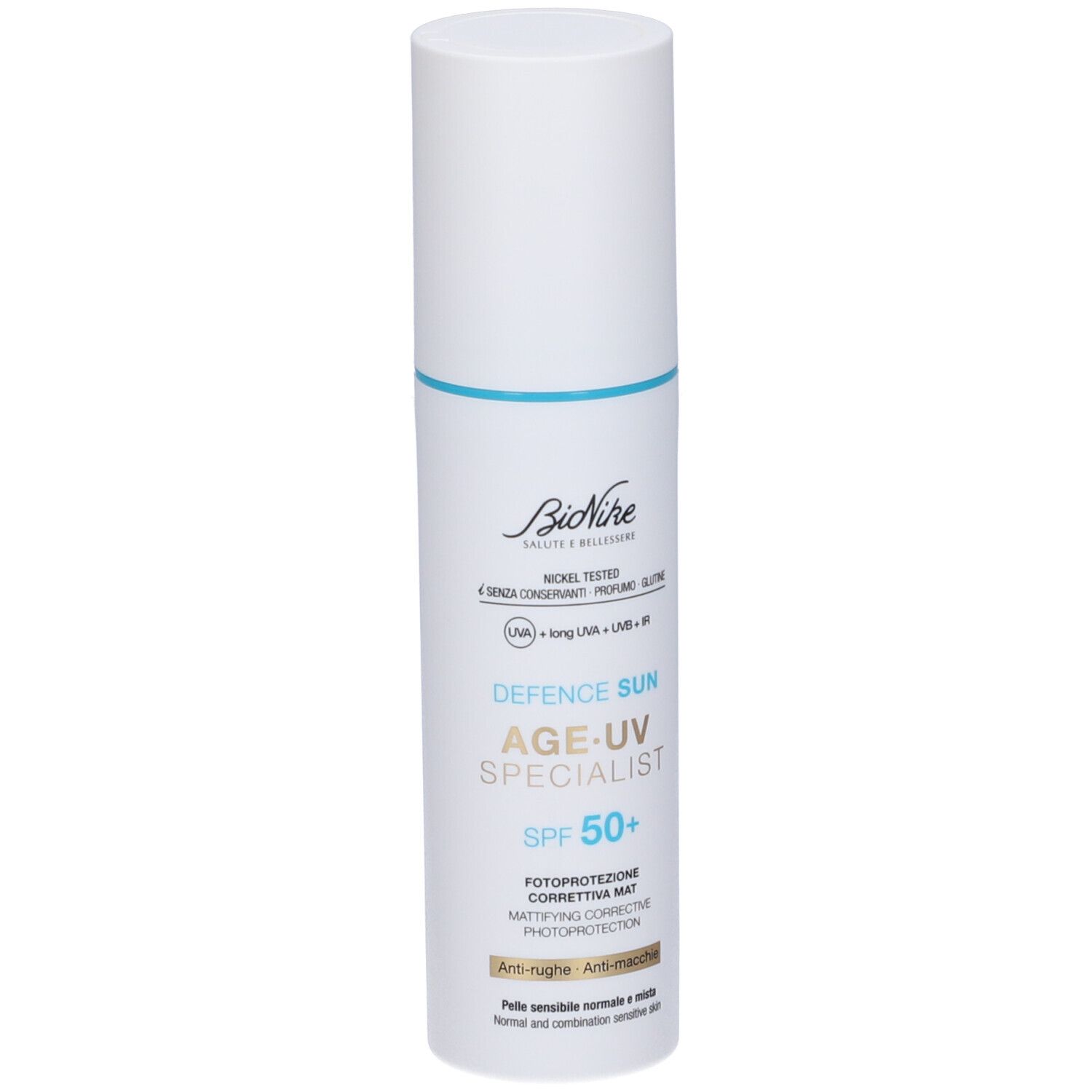Flacone bianco con banda blu. Testo: BioNike, Defence Sun Age UV Specialist SPF 50+. Per pelli normali e miste.