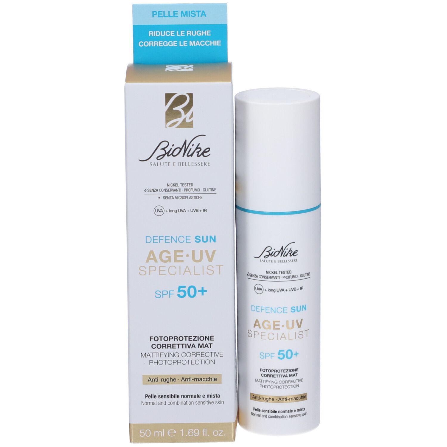 Prodotto e confezione. Testo: BioNike, Defence Sun Age UV Specialist SPF 50+. Per pelli miste. 50 ml.