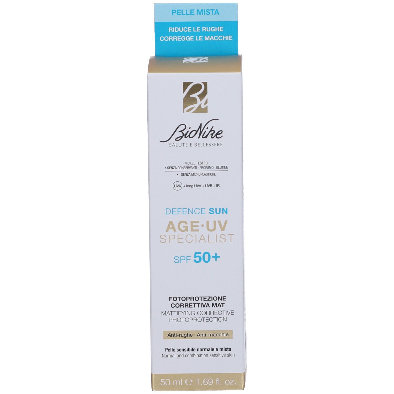 Confezione. Testo: BioNike, Defence Sun Age UV Specialist SPF 50+. Per pelli miste. Riduce rughe e macchie.