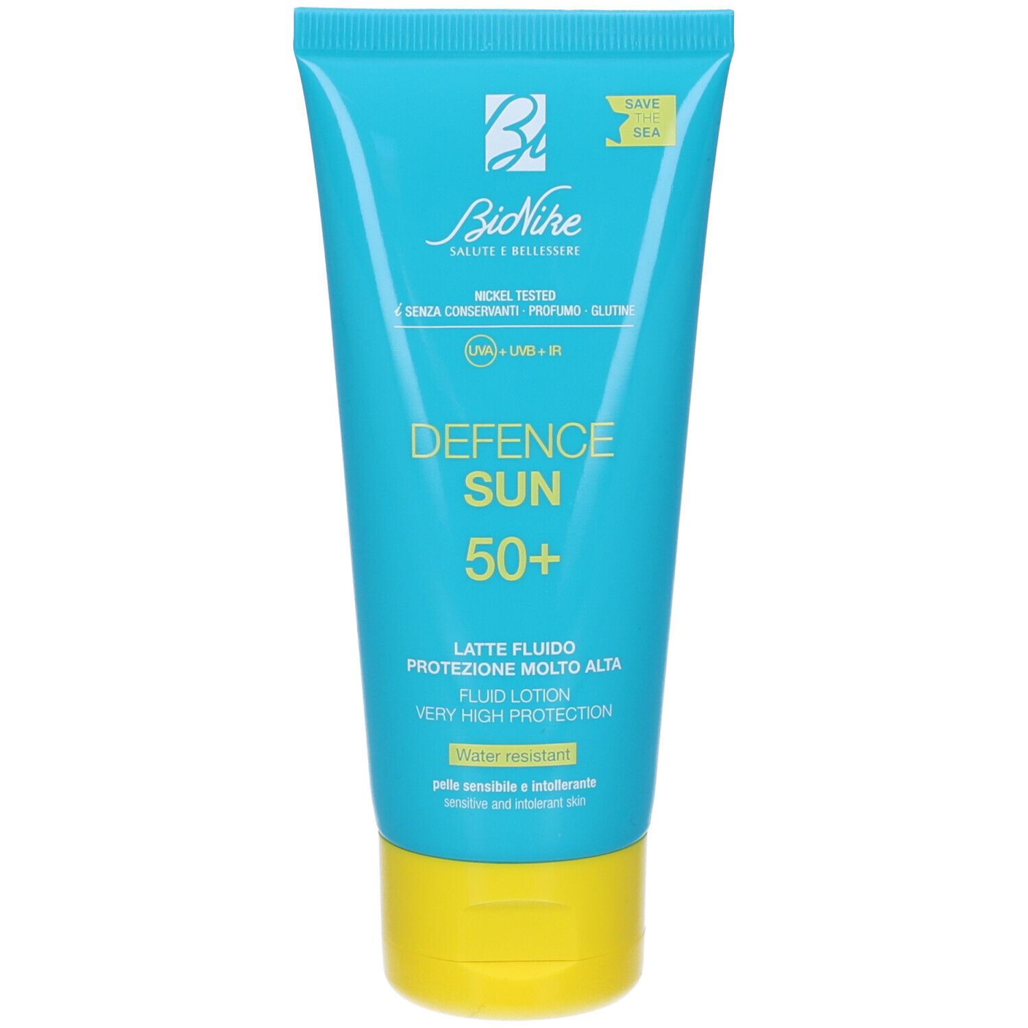 Tubo blu turchese con tappo giallo. Scritta: Defence Sun 50+. Marchio: BioNike. Testato al nichel. Resistente all'acqua.