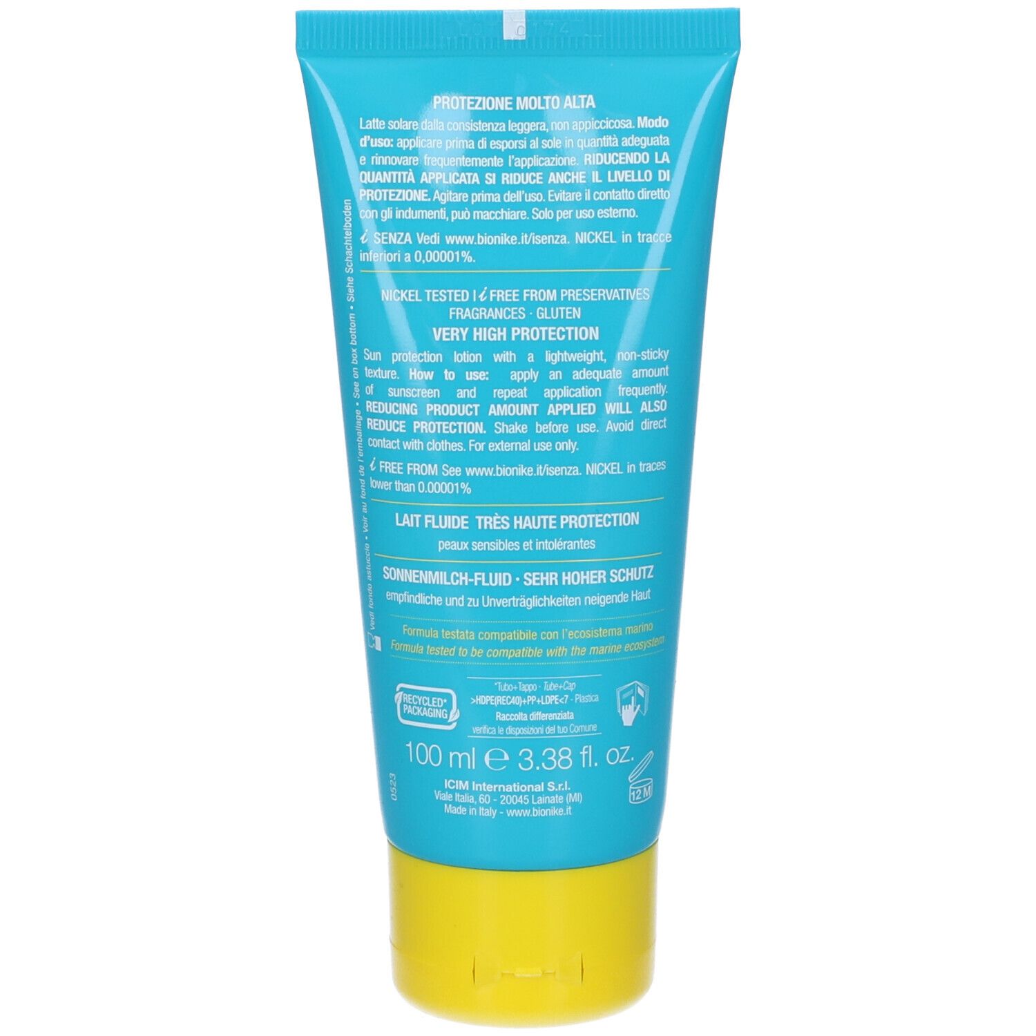 Retro del tubo turchese. Testo: Protezione molto alta. Testato al nichel. Senza conservanti, profumo, glutine.