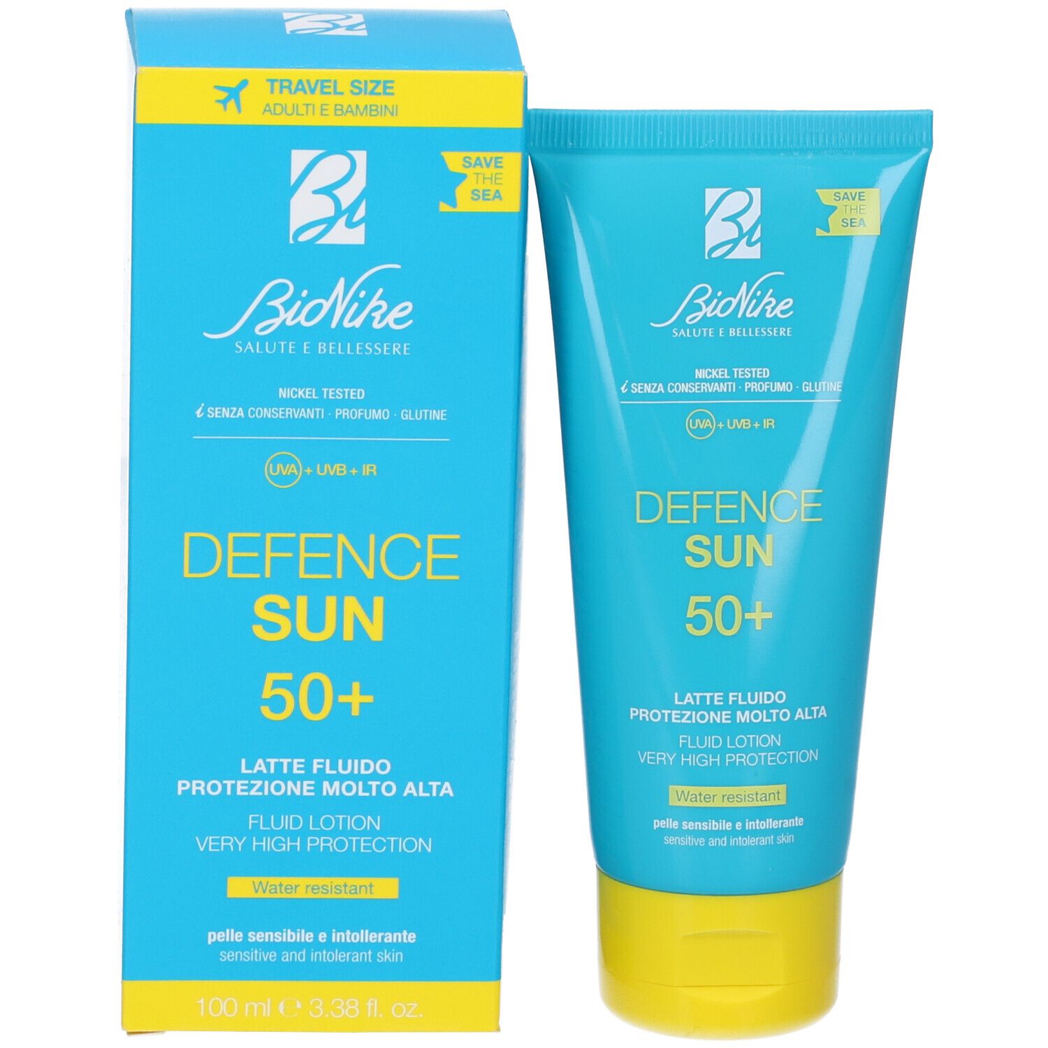 Tubo e scatola blu turchese. Scritta: Defence Sun 50+. Marchio: BioNike. Formato viaggio. Testato al nichel. Resistente all'acqua.