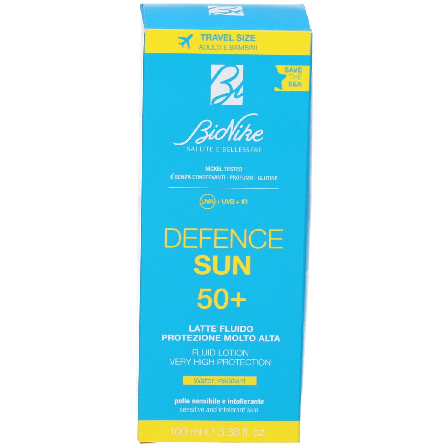 Scatola blu turchese con coperchio giallo. Scritta: Defence Sun 50+. Marchio: BioNike. Formato viaggio. Testato al nichel. Resistente all'acqua.