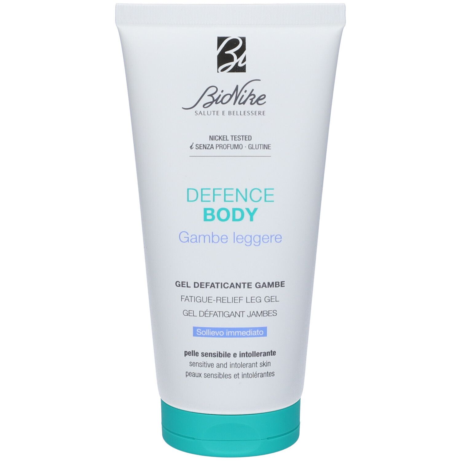 Tubo bianco e blu con nome del prodotto e marchio. Scritta: Defence Body, Gambe leggere. Tappo turchese.