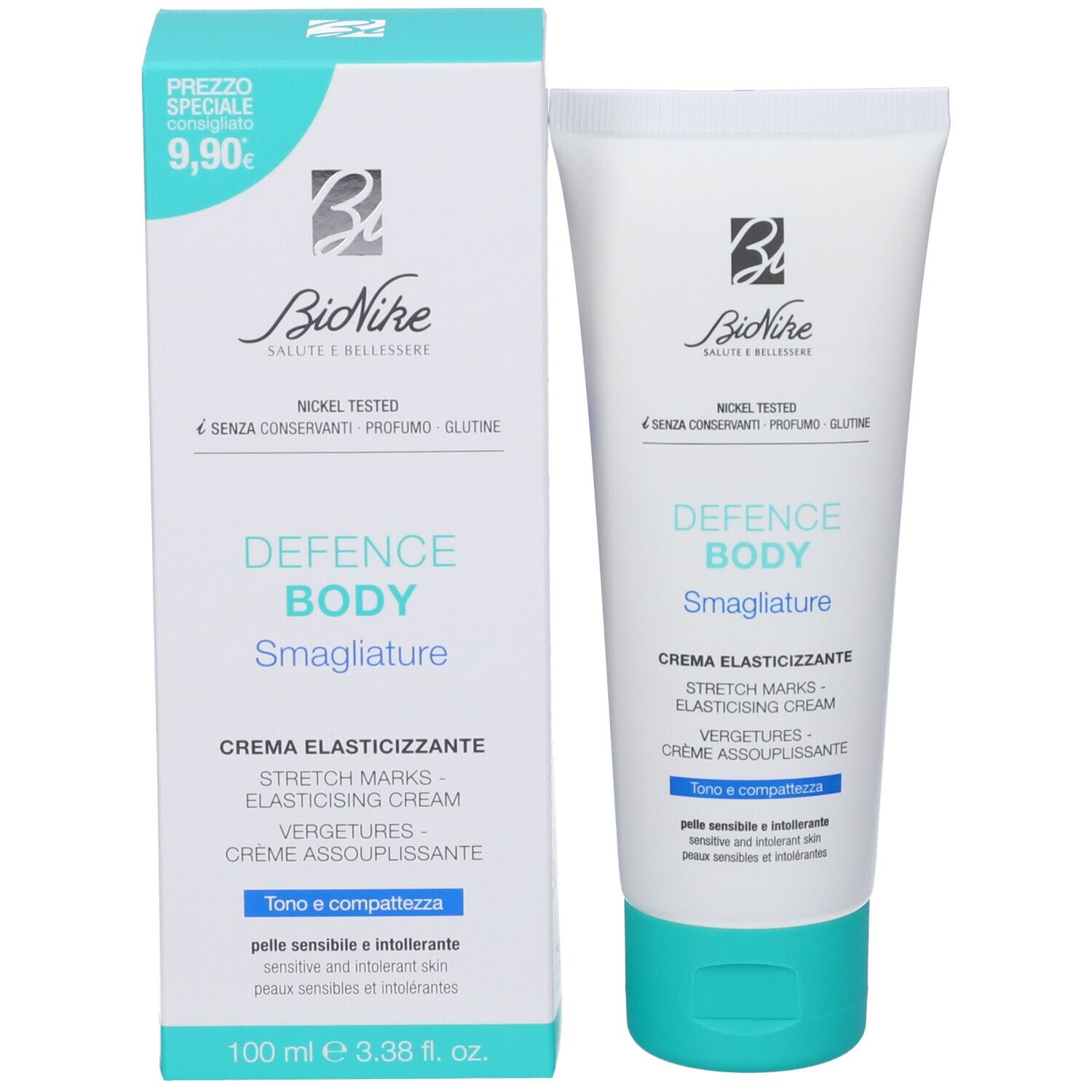 Produktverpackung mit Tube und Schachtel. Aufschrift: Defence Body Smagliature, Creme Elasticizzante. Marke BioNike.