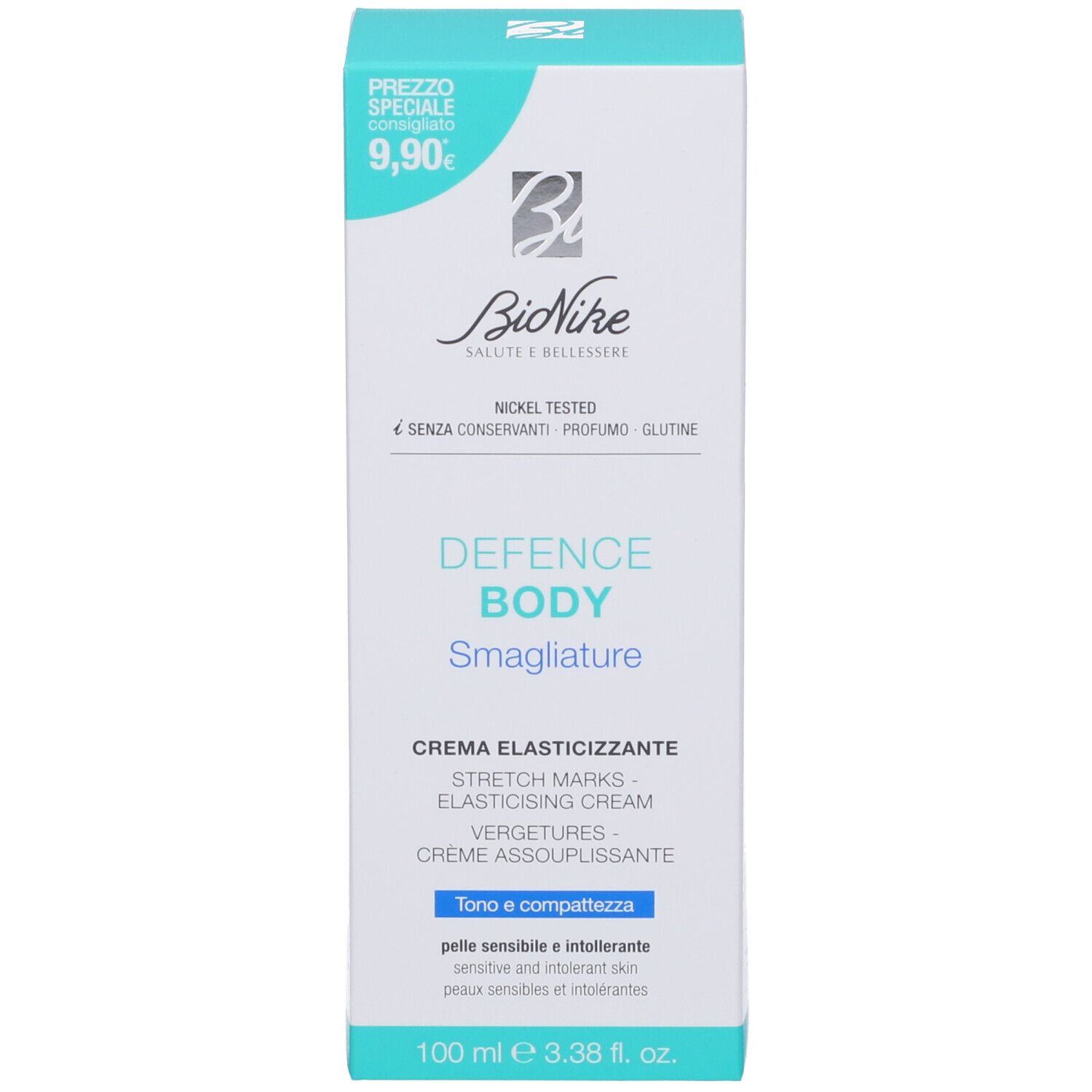 Schachtel mit Produktinformationen. Aufschrift: Defence Body Smagliature, Creme Elasticizzante. Marke BioNike.
