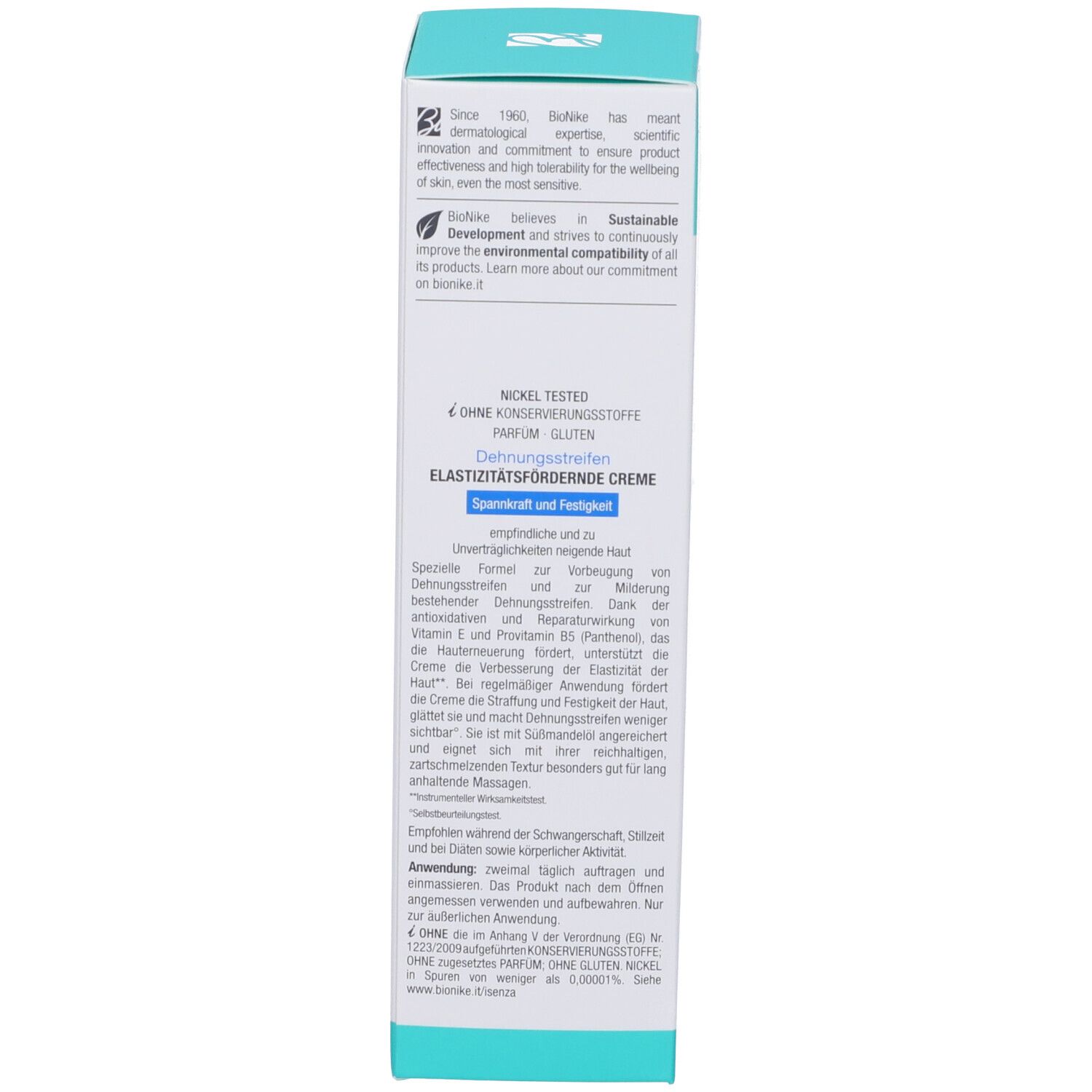 Seite der Schachtel. Text in mehreren Sprachen. Informationen zur Marke und zum Produkt. Logo BioNike.