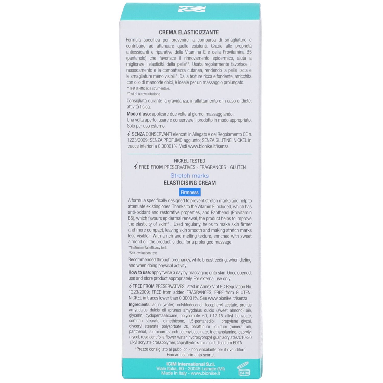 Seite der Schachtel. Text in mehreren Sprachen. Informationen zur Marke und zum Produkt. Logo BioNike.