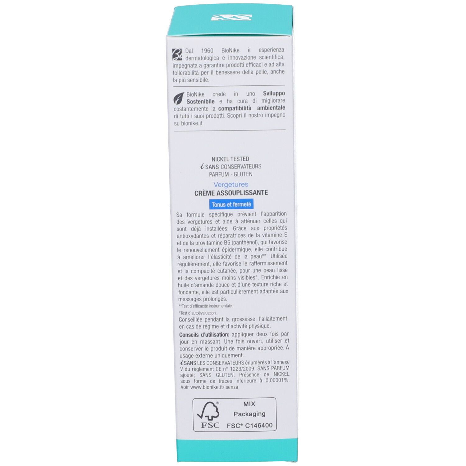 Seite der Schachtel. Text in mehreren Sprachen. Informationen zur Marke und zum Produkt. Logo BioNike.