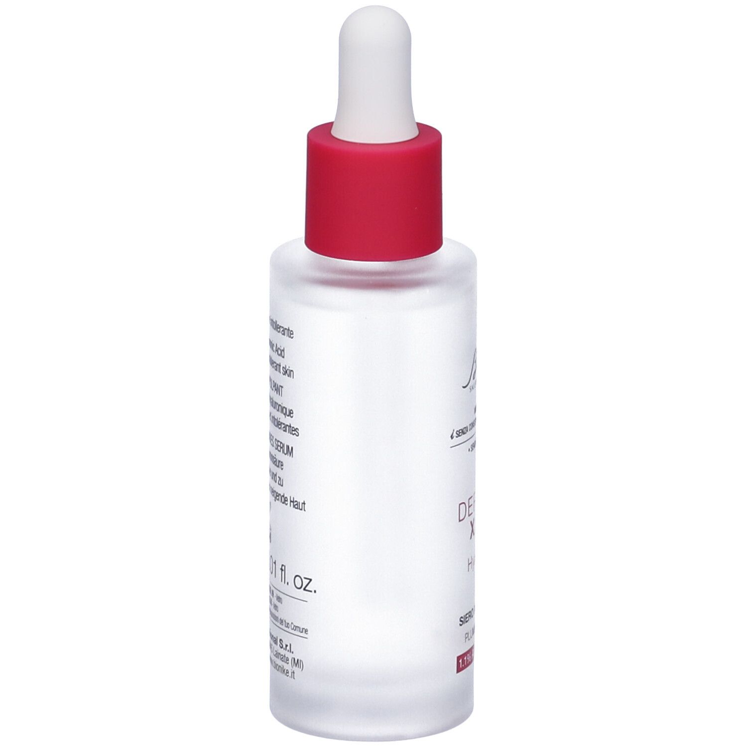 Klarflasche mit rotem Verschluss und Pipette. Aufschrift: Defence Xage Hyalu-Lift, Siero Rimpolpante, 1.1% Acido Ialuronico.