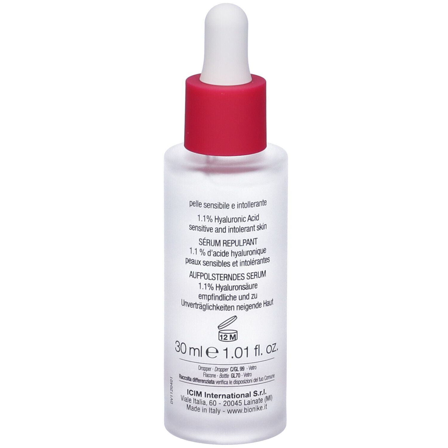 Klarflasche mit rotem Verschluss und Pipette. Aufschrift: Defence Xage Hyalu-Lift, Siero Rimpolpante, 1.1% Acido Ialuronico.