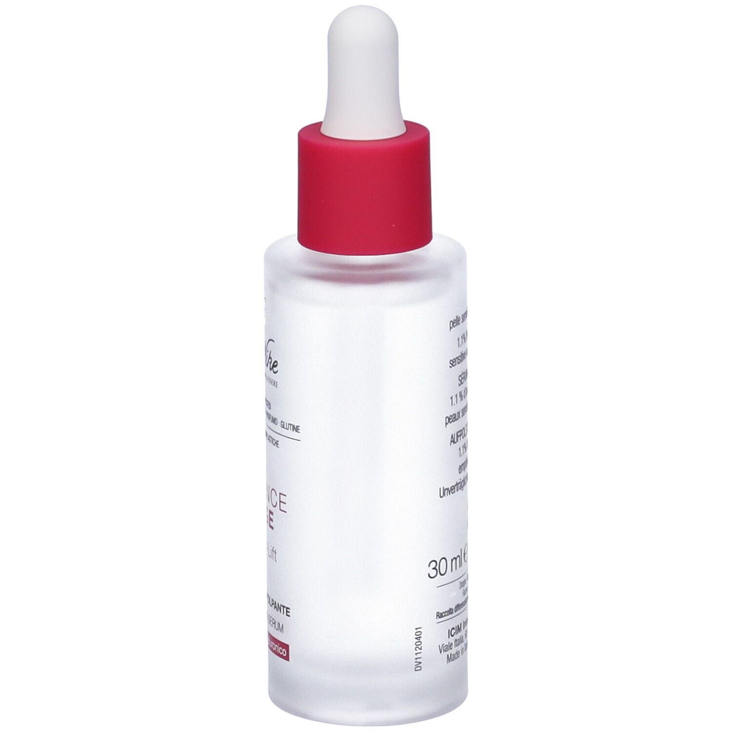 Klarflasche mit rotem Verschluss und Pipette. Aufschrift: Defence Xage Hyalu-Lift, Siero Rimpolpante, 1.1% Acido Ialuronico.
