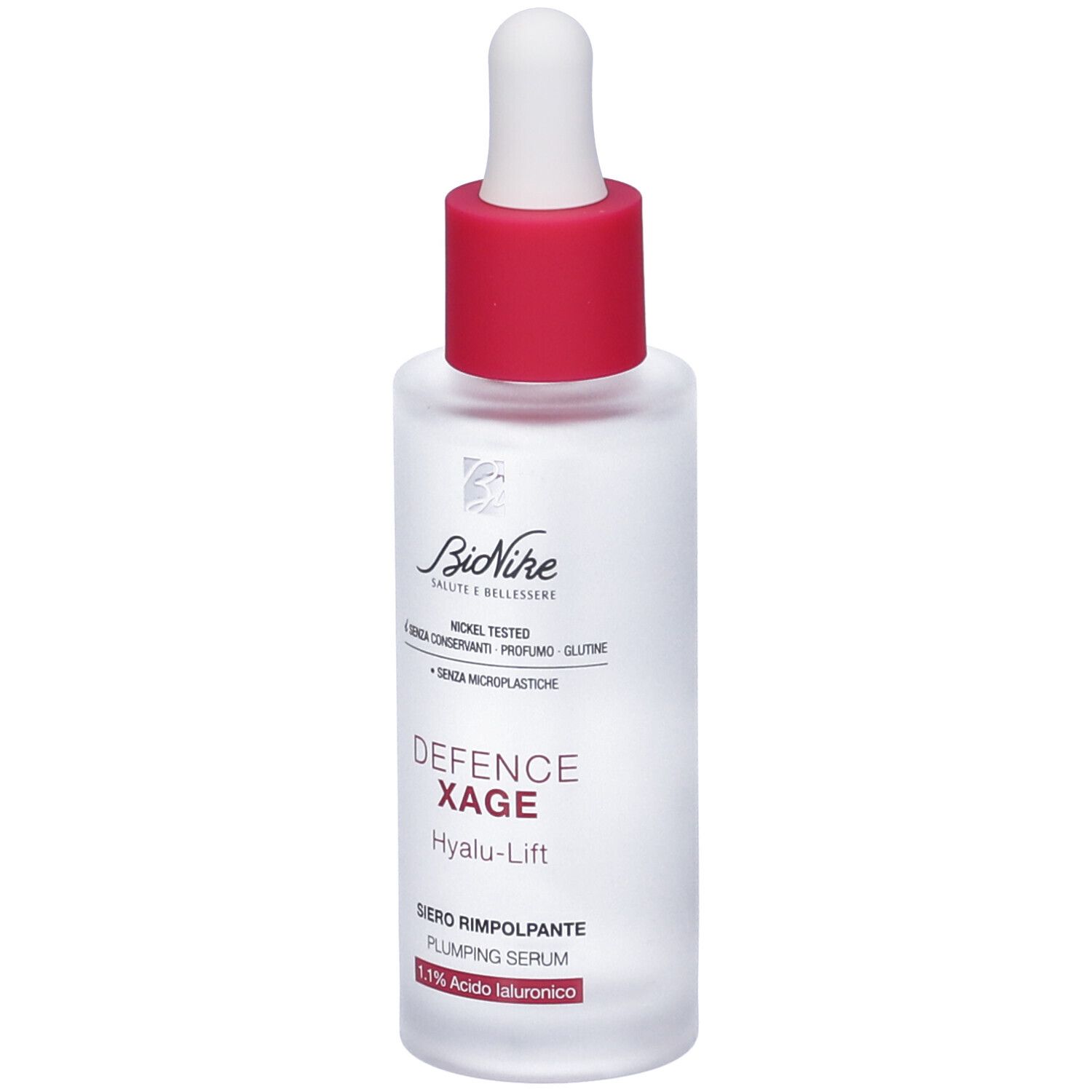 Klarflasche mit rotem Verschluss und Pipette. Aufschrift: Defence Xage Hyalu-Lift, Siero Rimpolpante, 1.1% Acido Ialuronico.