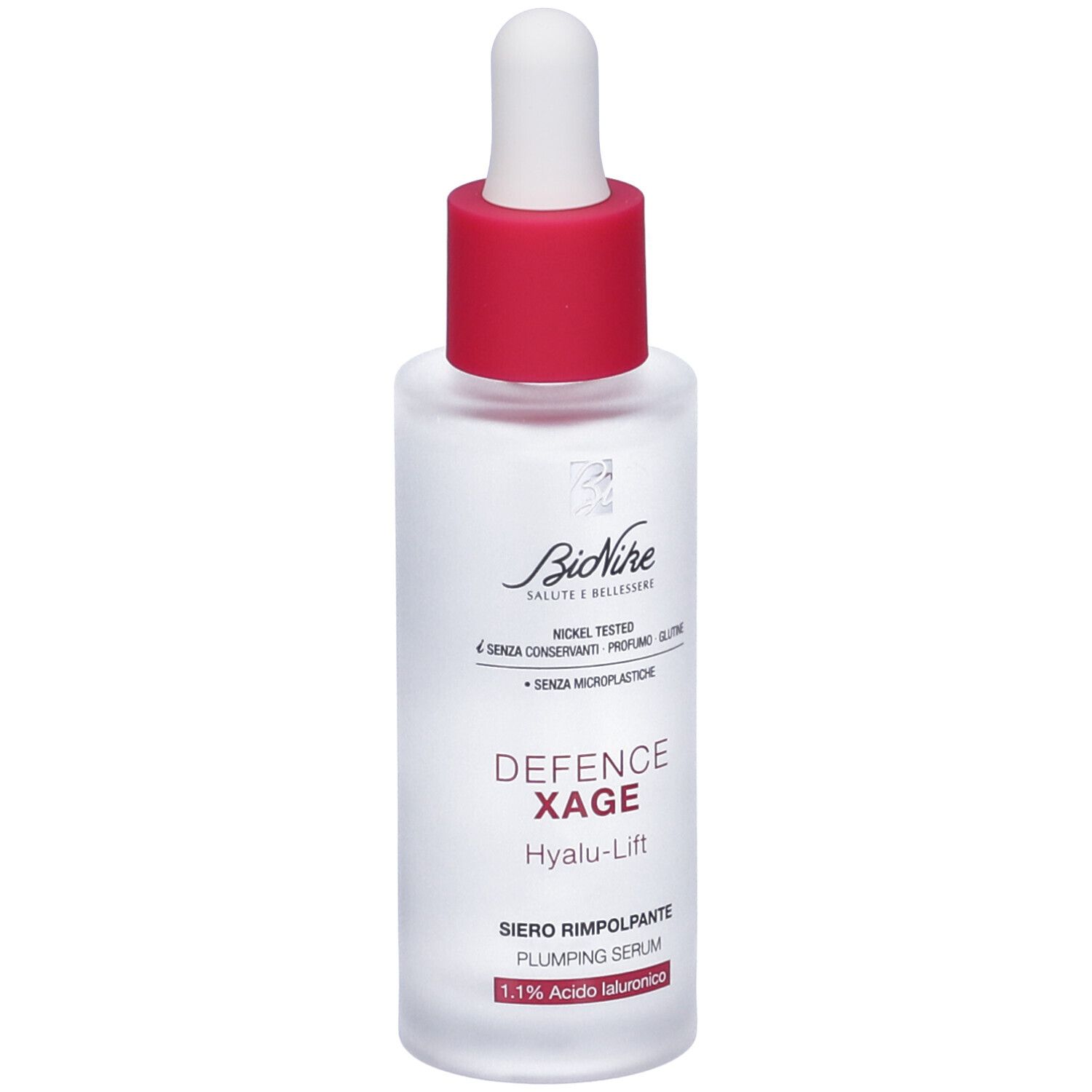 Klarflasche mit rotem Verschluss und Pipette. Aufschrift: Defence Xage Hyalu-Lift, Siero Rimpolpante, 1.1% Acido Ialuronico.