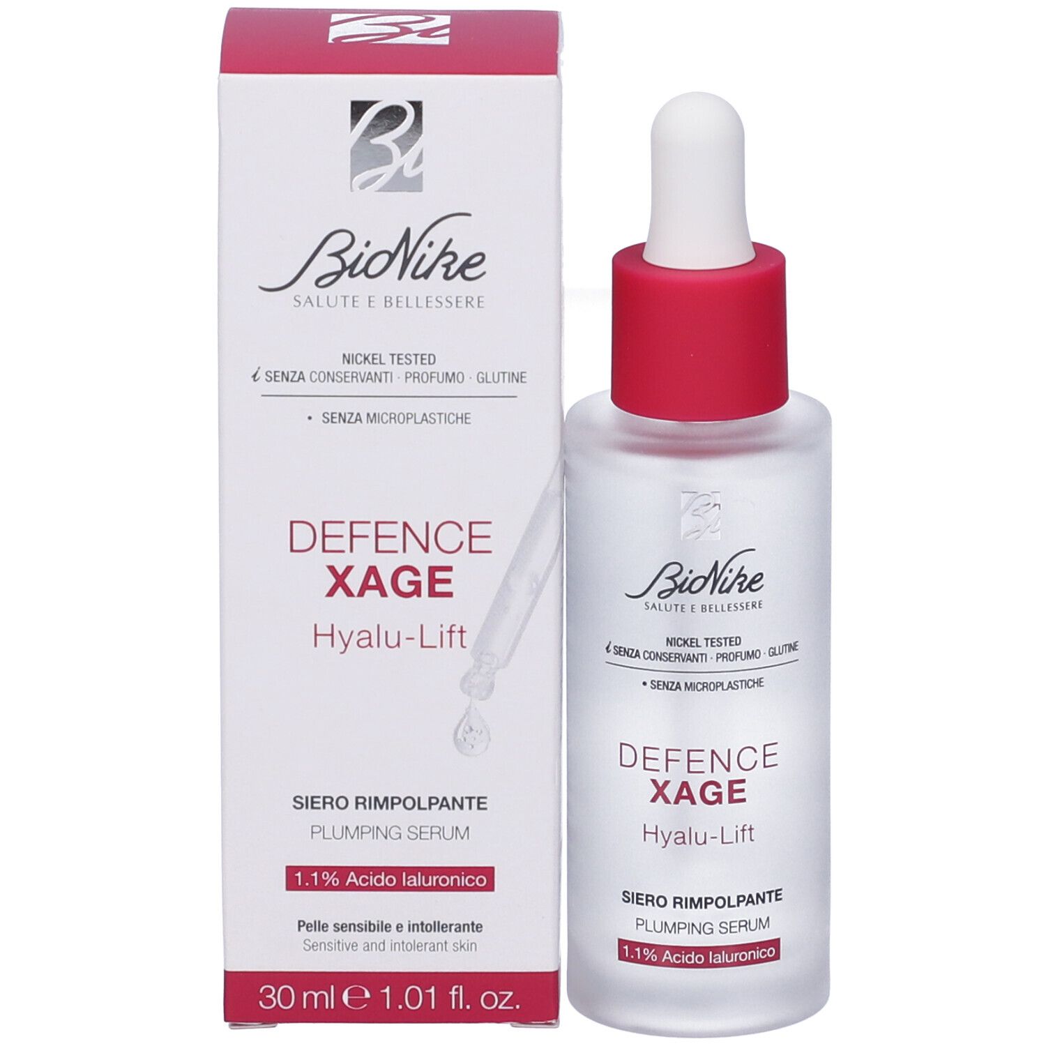 Produktverpackung und Flasche. Aufschrift: Defence Xage Hyalu-Lift, Siero Rimpolpante, 1.1% Acido Ialuronico. 30 ml.