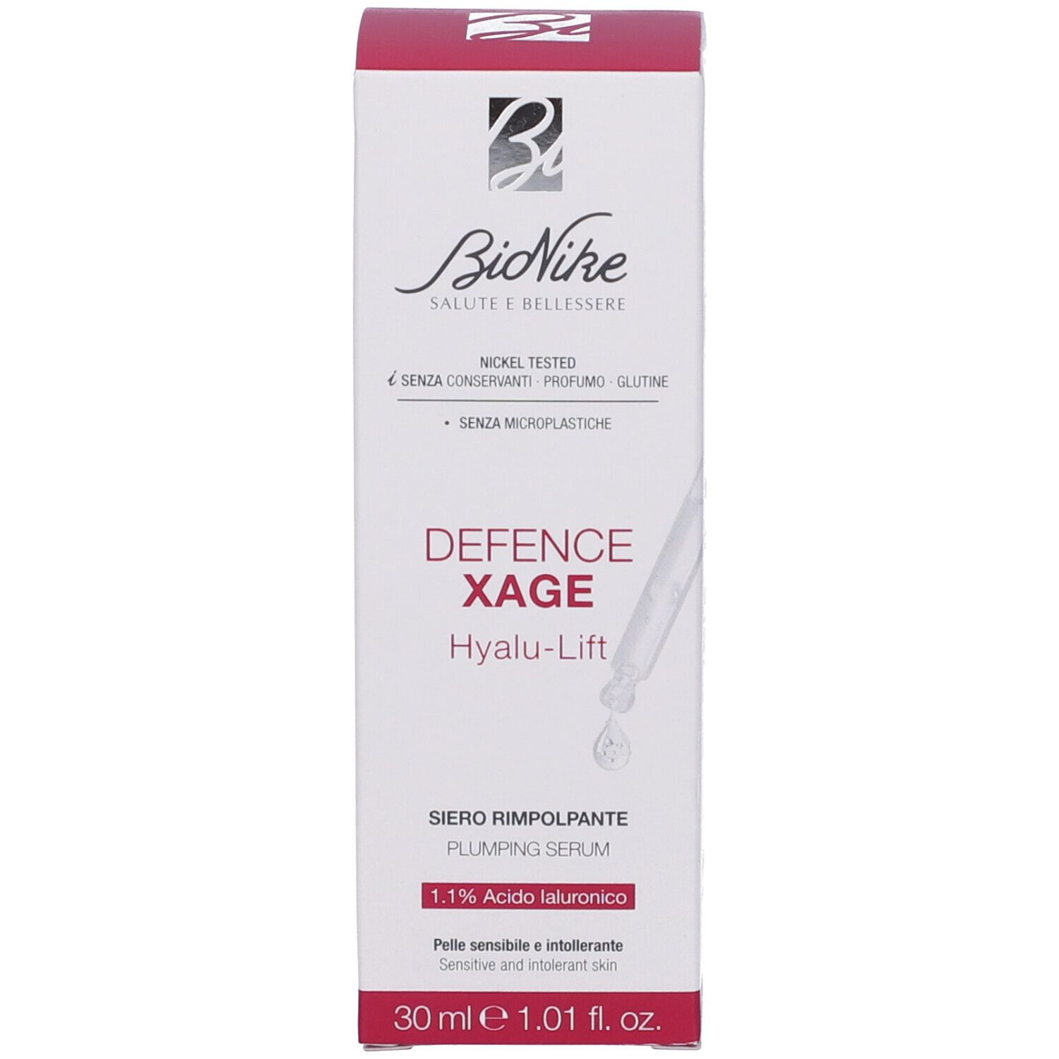 Produktverpackung. Aufschrift: Defence Xage Hyalu-Lift, Siero Rimpolpante, 1.1% Acido Ialuronico. 30 ml.