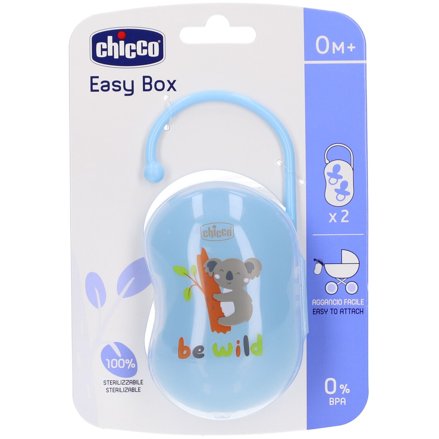 Contenitore azzurro per succhietto con motivo koala e scritta "be wild". Confezione con logo del marchio e nome del prodotto.