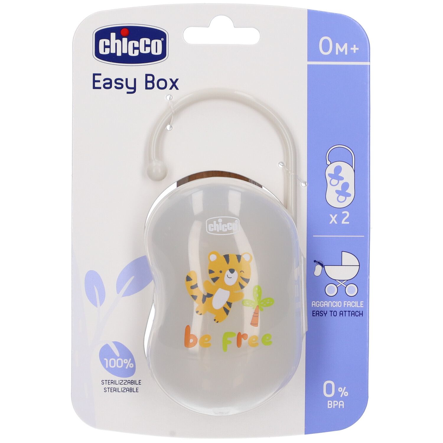 Chicco Easy Box porta succhietto, grigio, motivo tigre, 0m+. Confezione con gancio.