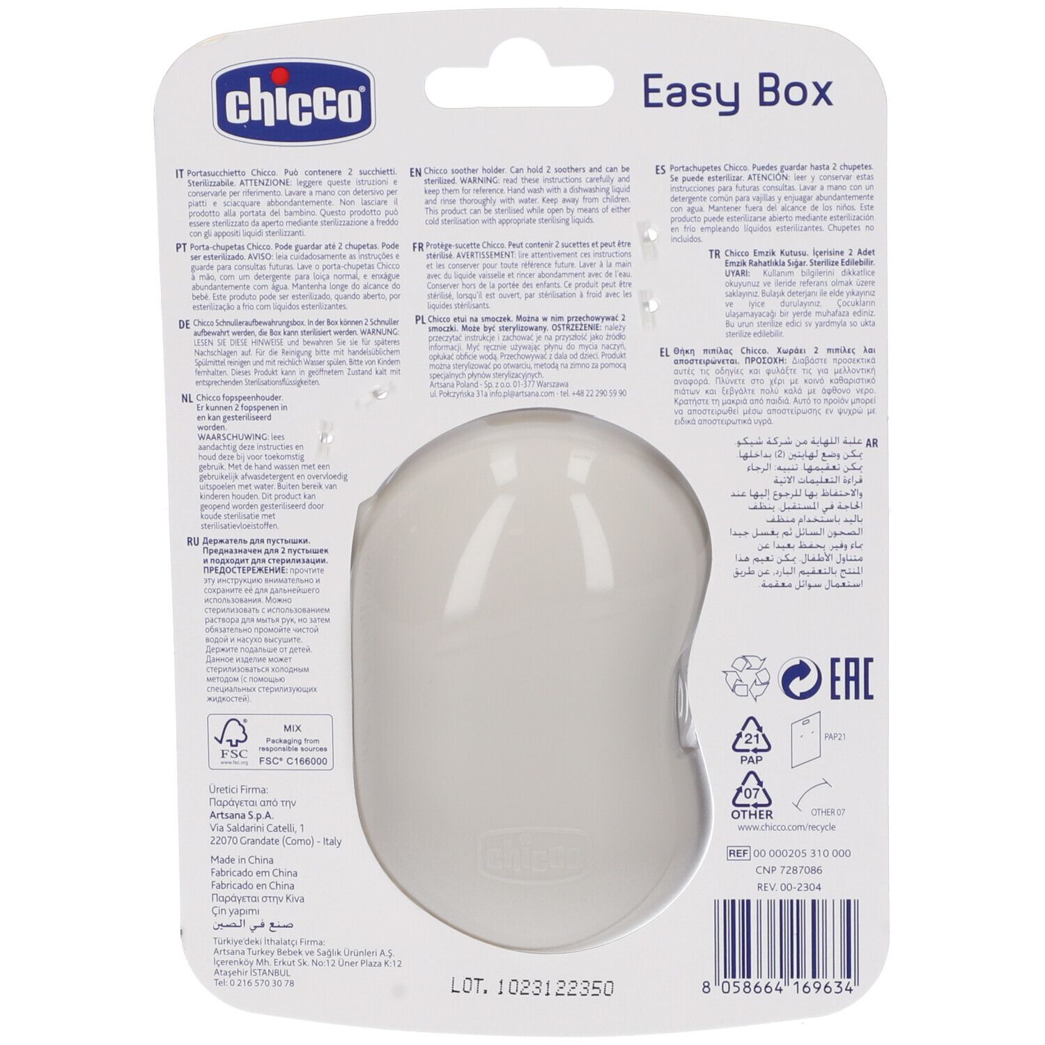 Retro della Chicco Easy Box. Forma ovale grigia. Testo e simboli su sfondo bianco.