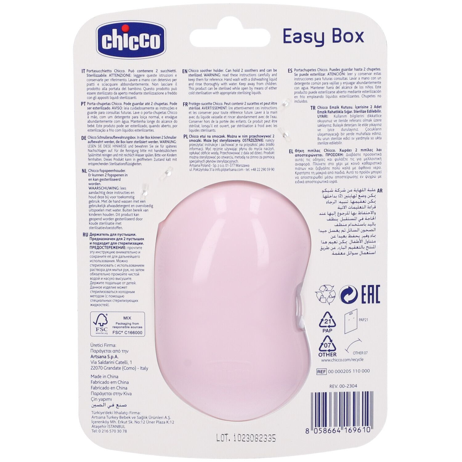 Retro del contenitore rosa per succhietto. Confezione con informazioni sul prodotto e logo del marchio. Simboli di riciclaggio.