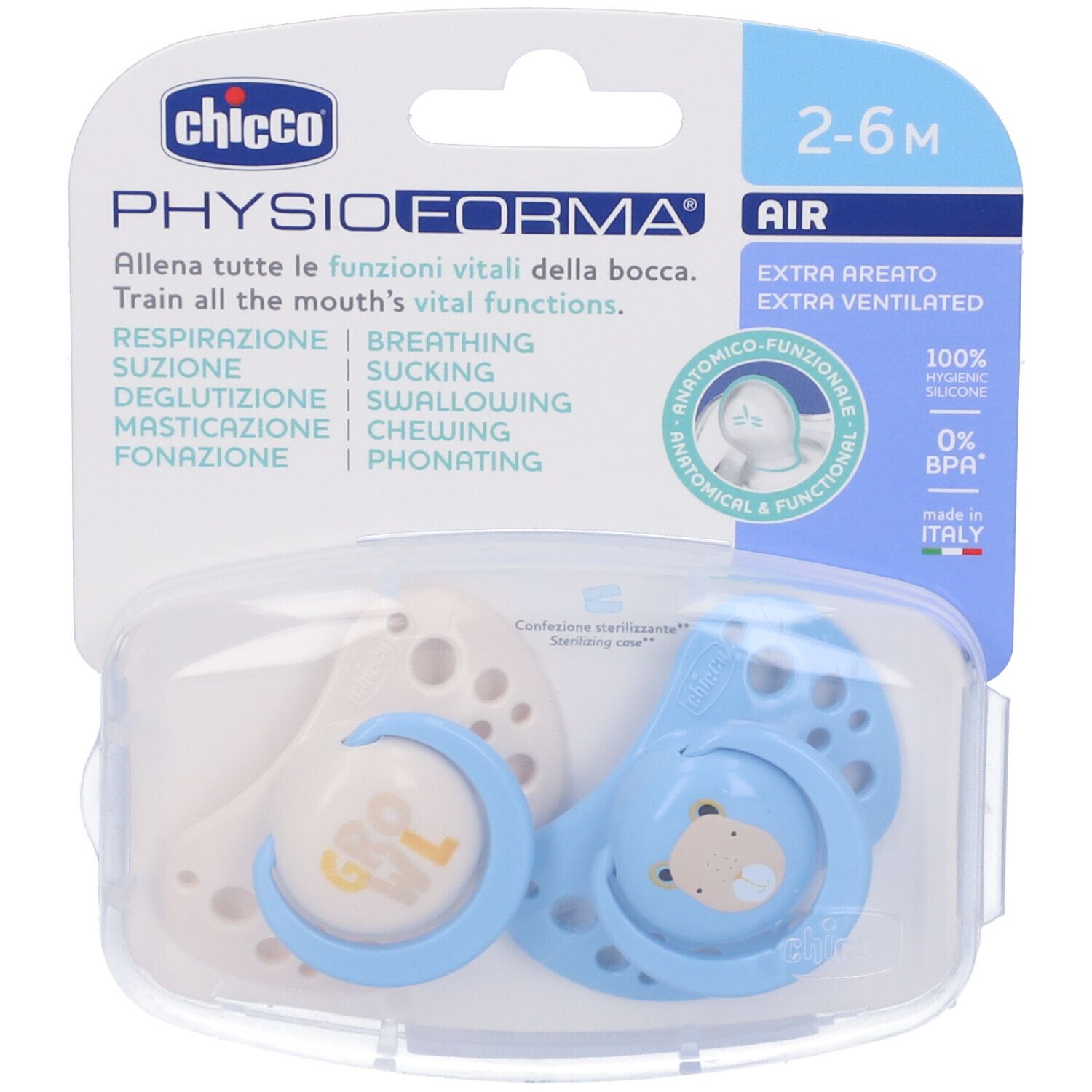 Due succhietti in confezione di plastica. Tettarelle in silicone blu e crema. Forma anatomica, 2-6 mesi.
