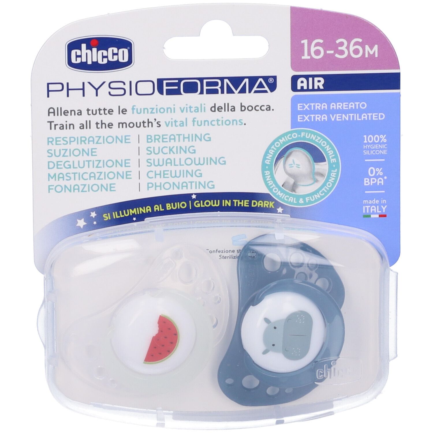 Due succhietti in confezione. Succhietti azzurro chiaro e bianco. Scritta: PhysioForma Air, 16-36M. Anatomico e funzionale.