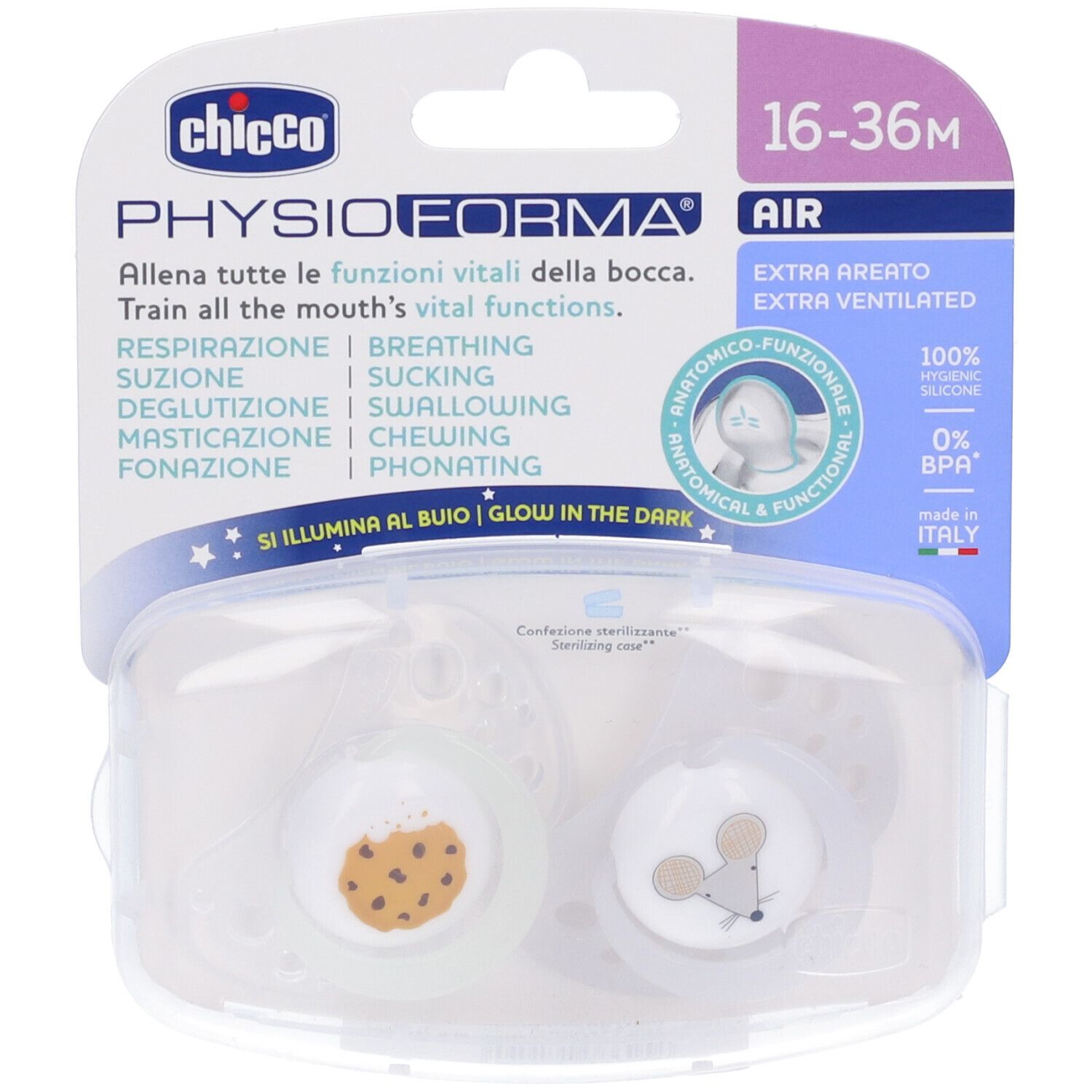 Due succhietti in confezione trasparente. Scritta: PhysioForma Air, 16-36m. Anatomico e funzionale.