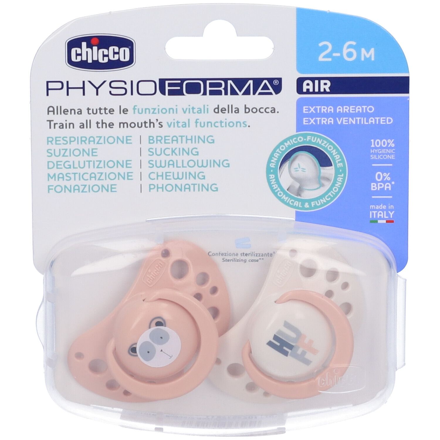 Due succhietti rosa in confezione trasparente. Anatomici, silicone, 2-6 mesi.