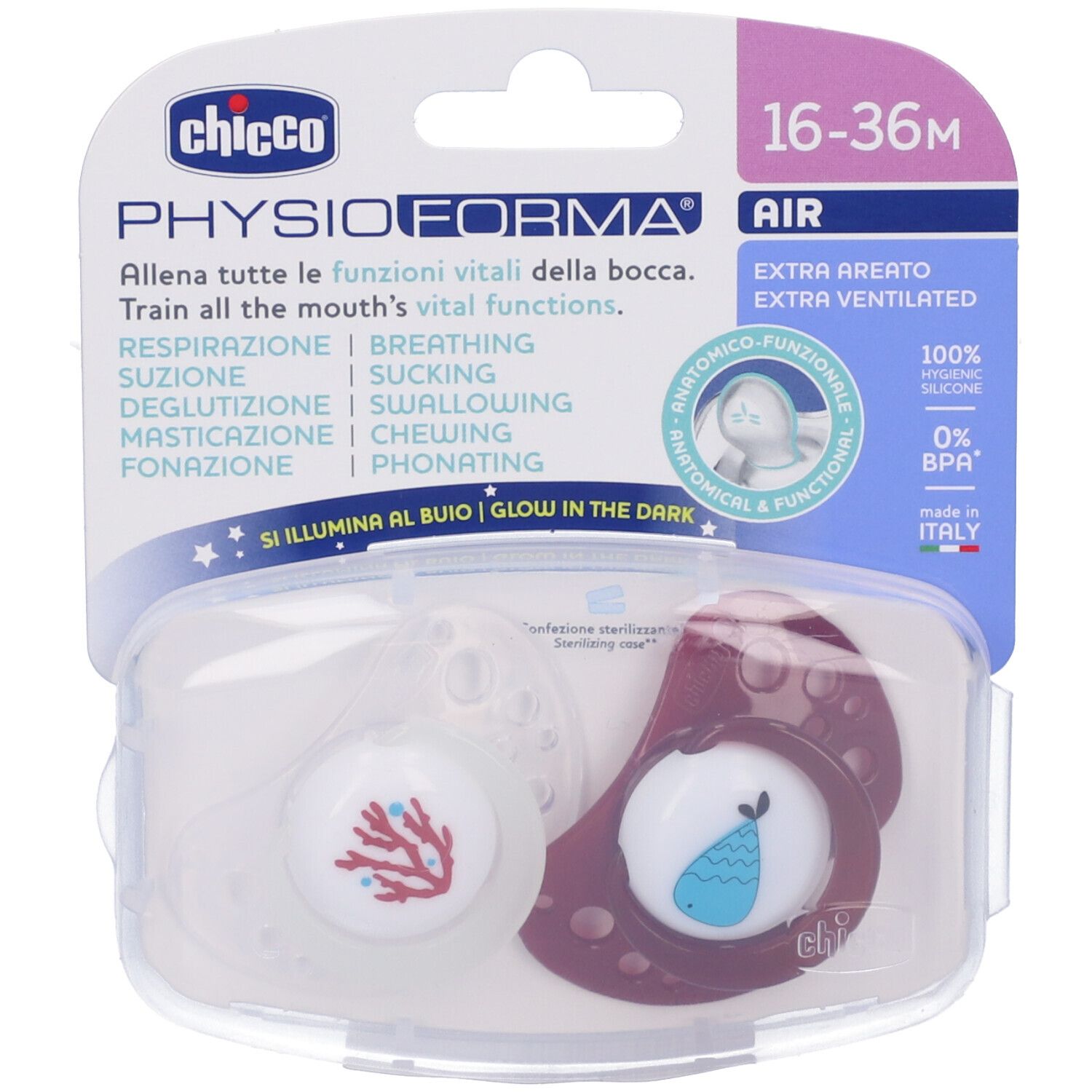 Chicco Succhietti Air Rosso Lumi Silicone 16-36 Mesi