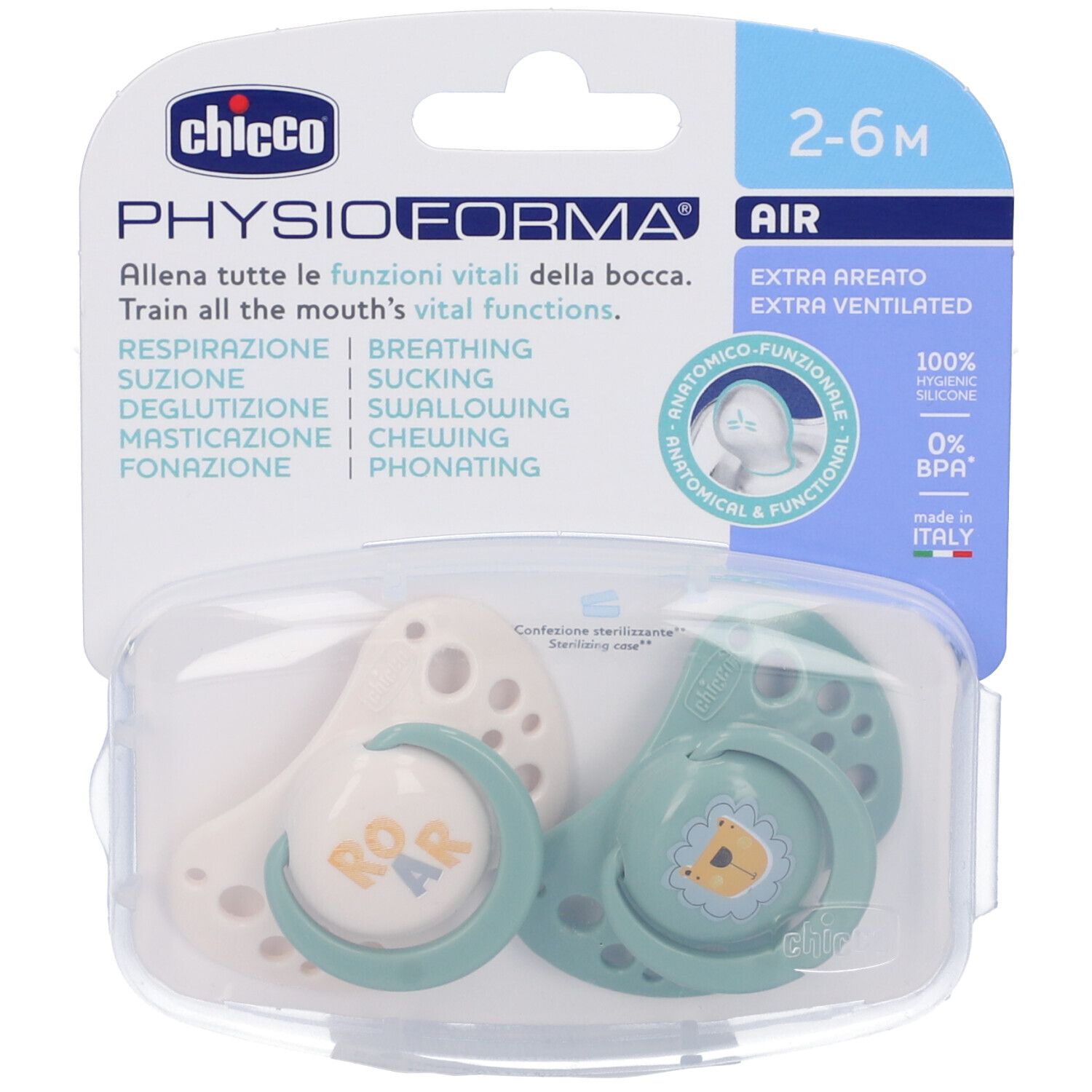 Due succhietti in confezione. Verde chiaro e bianco. Forma anatomica. Silicone. 2-6 mesi.