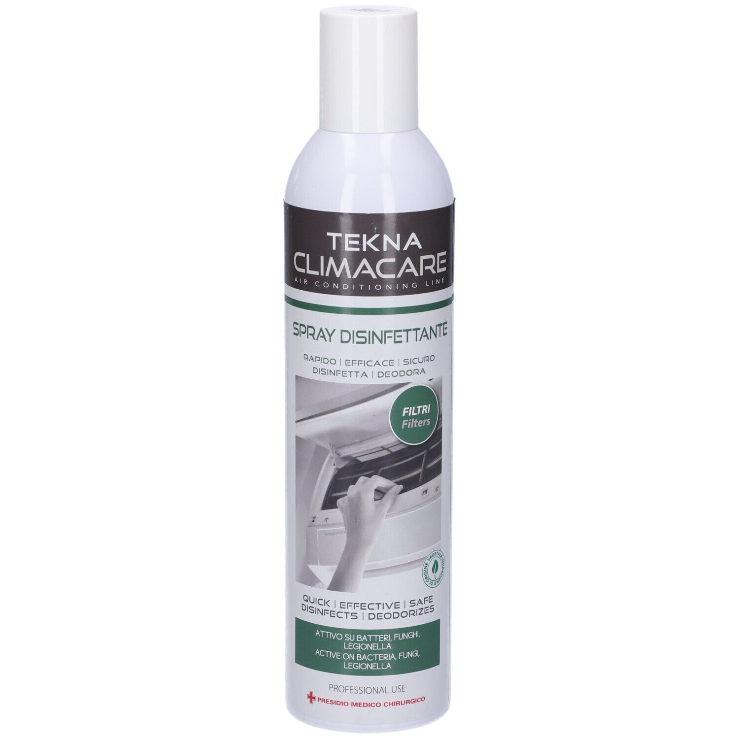 Spray bianco con etichetta verde. Scritta: Tekna Climacare, Spray Disinfettante. Illustrazione: pulizia filtro.
