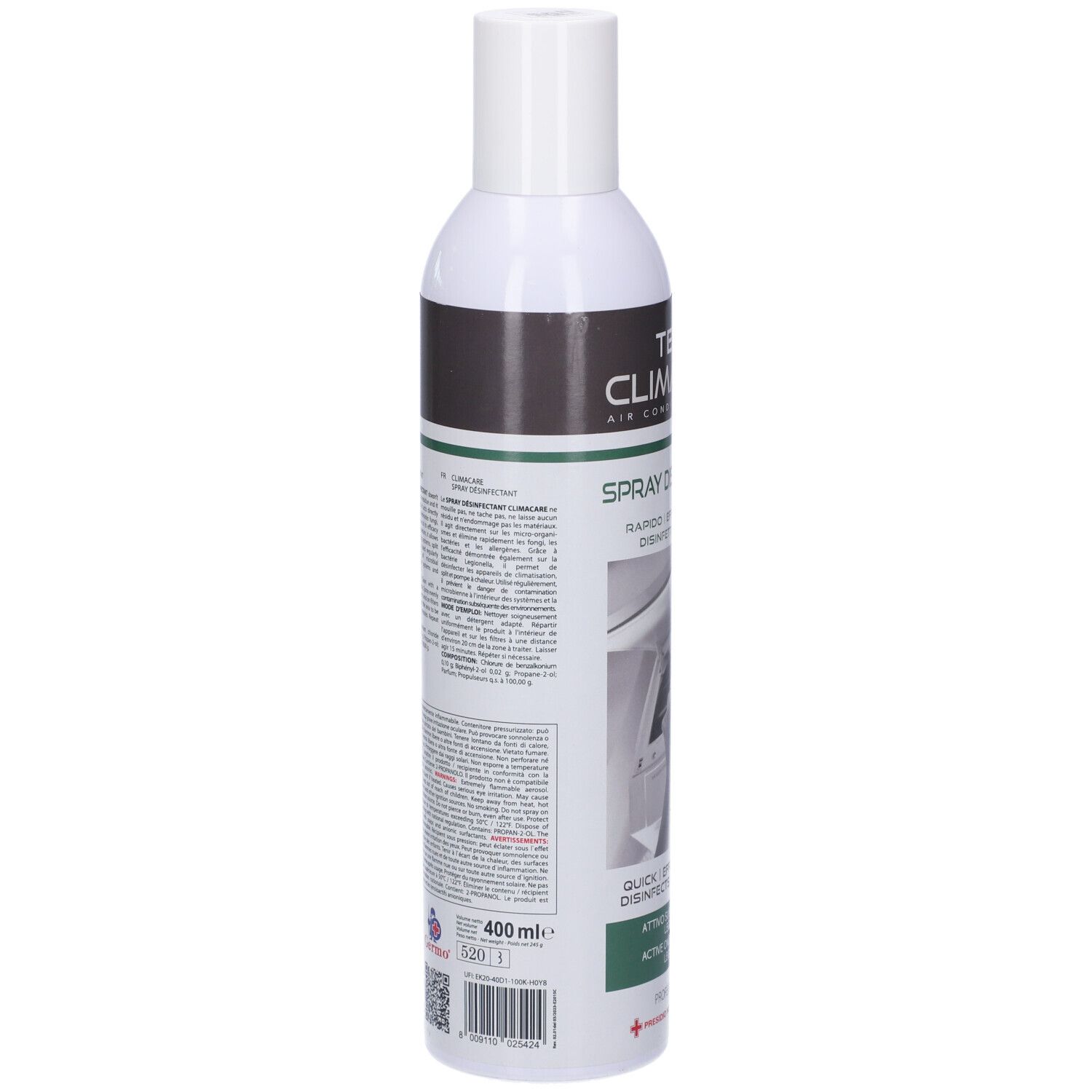 Spray bianco con etichetta. Scritta: Tekna Climacare, Spray Disinfettante. Testo e codice QR. Volume: 400 ml.