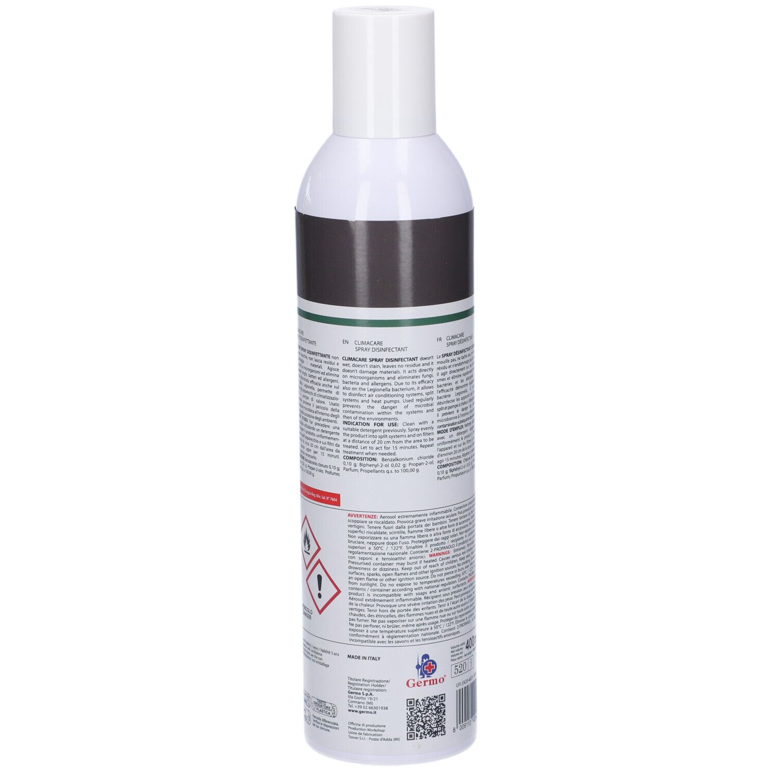 Spray bianco con etichetta. Scritta: Tekna Climacare, Spray Disinfettante. Simboli di pericolo. Testo e codice QR.