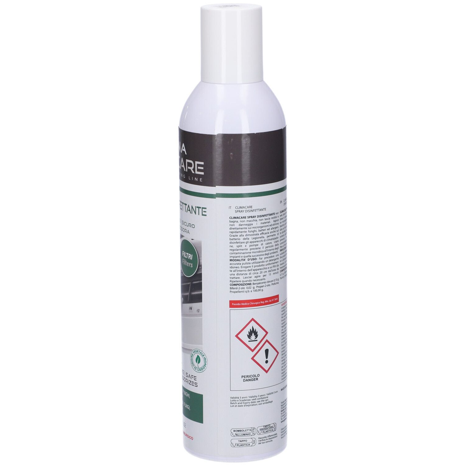 Spray bianco con etichetta. Scritta: Tekna Climacare, Spray Disinfettante. Simboli di pericolo. Testo e codice QR.