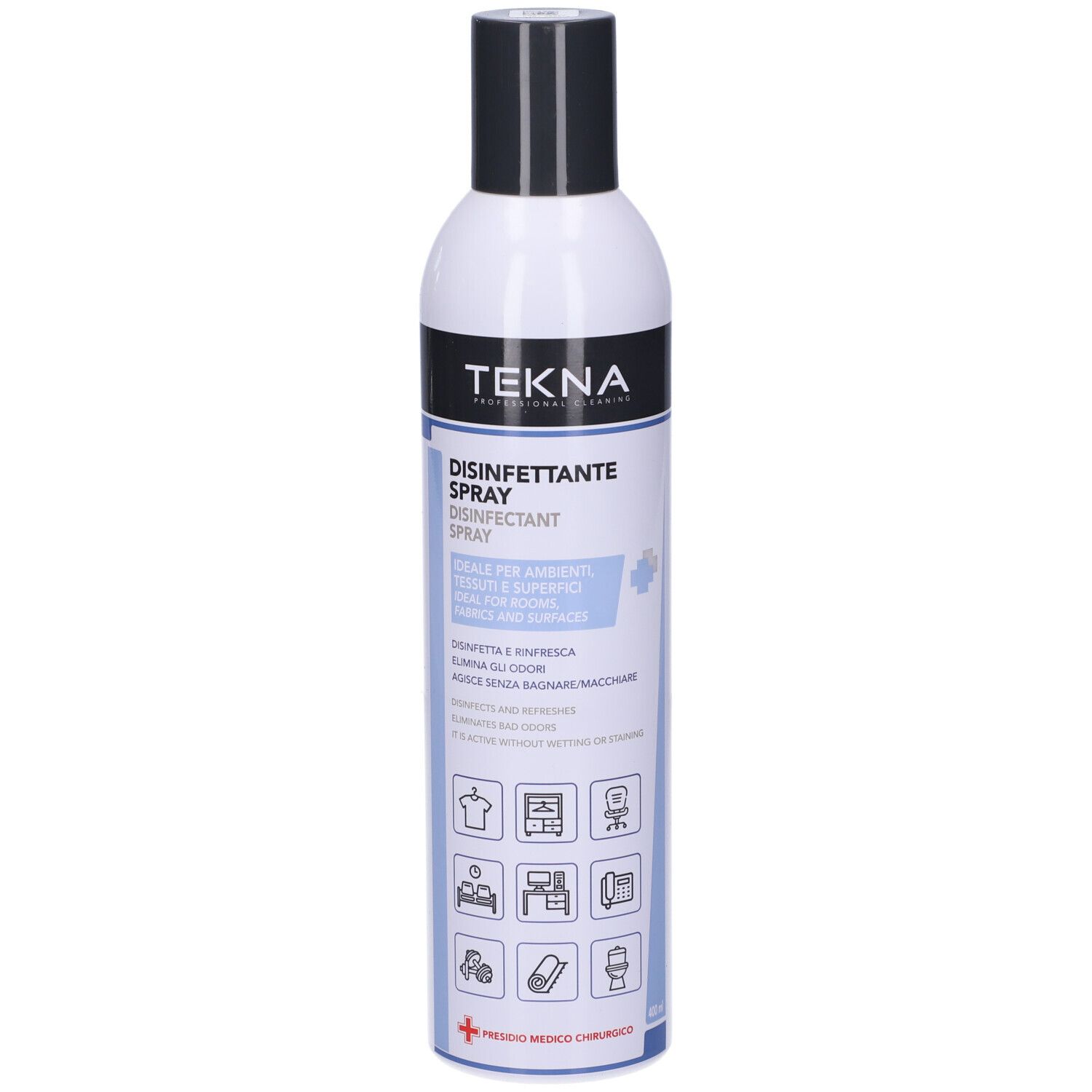 Flacone spray cilindrico, tappo nero. Scritte: TEKNA, Disinfettante Spray. Etichette blu e bianche con pittogrammi.