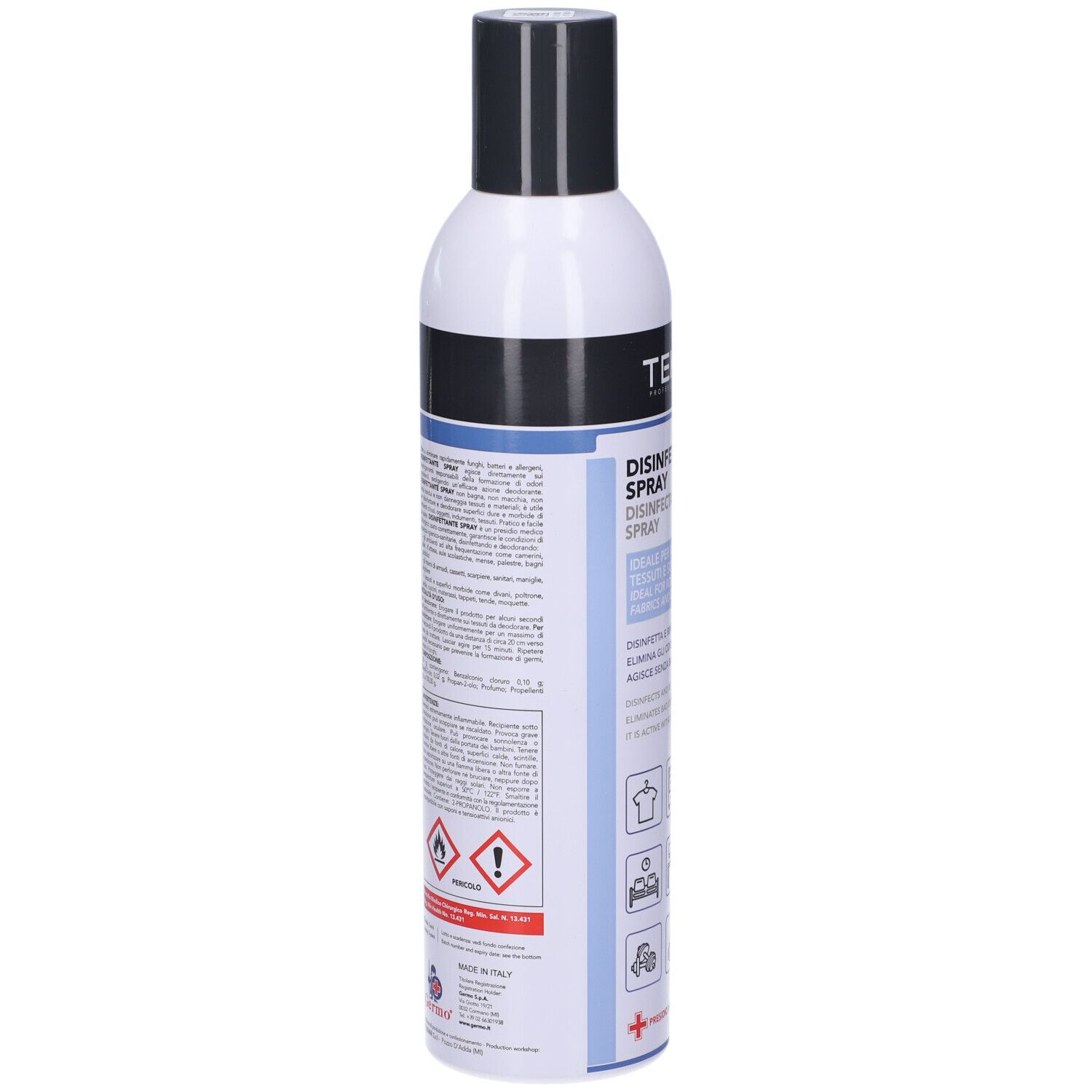 Retro di un flacone spray. Etichetta con testo e pittogrammi. Simboli di pericolo: fiamma, punto esclamativo. Prodotto in Italia.