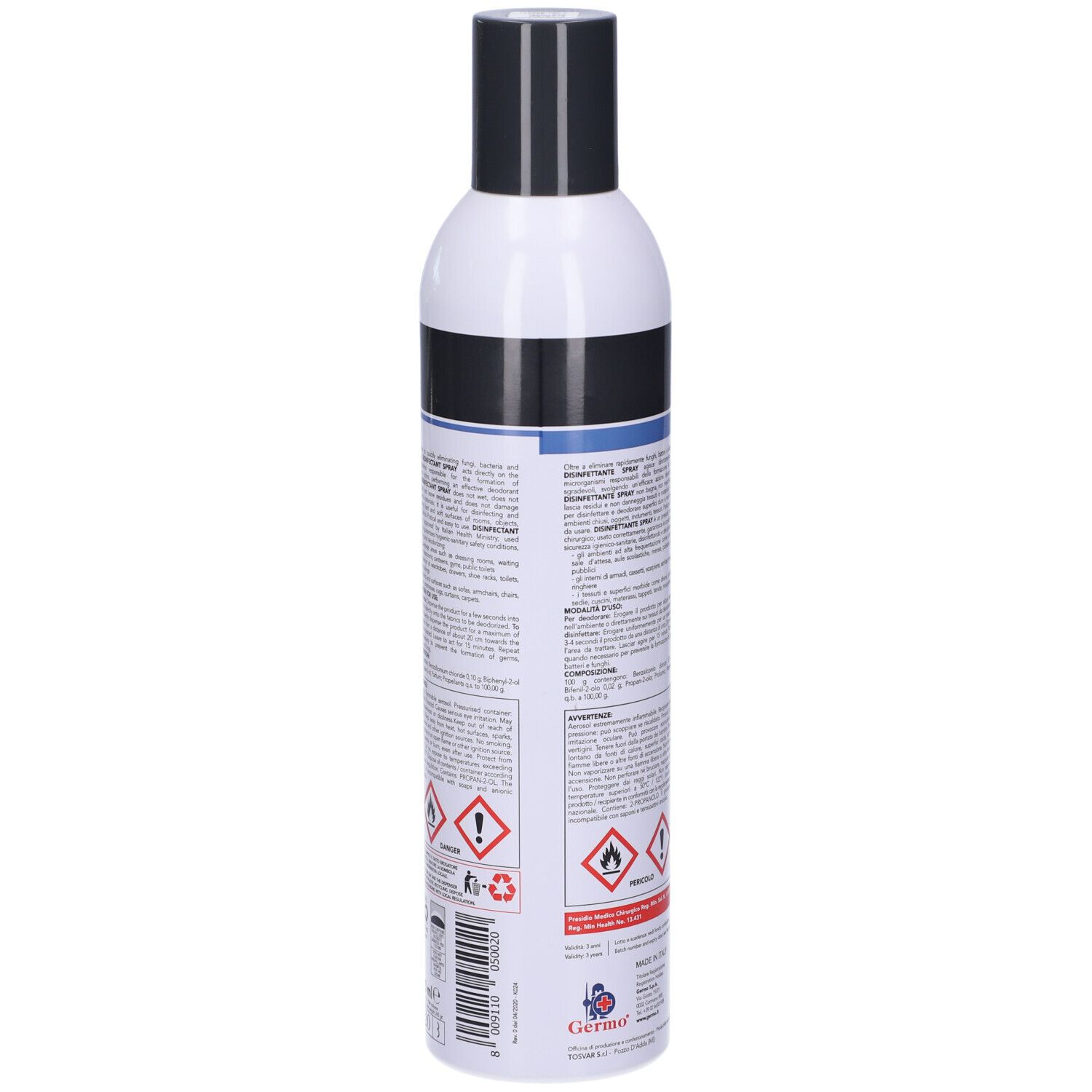 Retro di un flacone spray. Etichetta con testo e pittogrammi. Simboli di pericolo: fiamma, punto esclamativo. Prodotto in Italia.