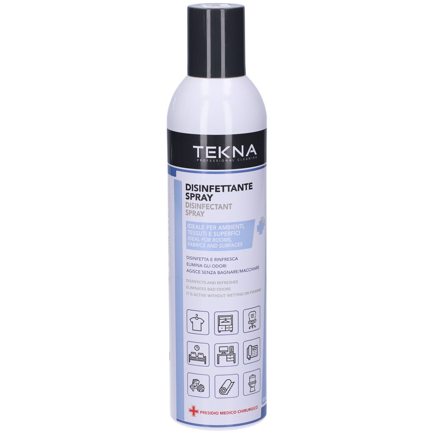 Flacone spray cilindrico, tappo nero. Scritte: TEKNA, Disinfettante Spray. Etichette blu e bianche con pittogrammi.