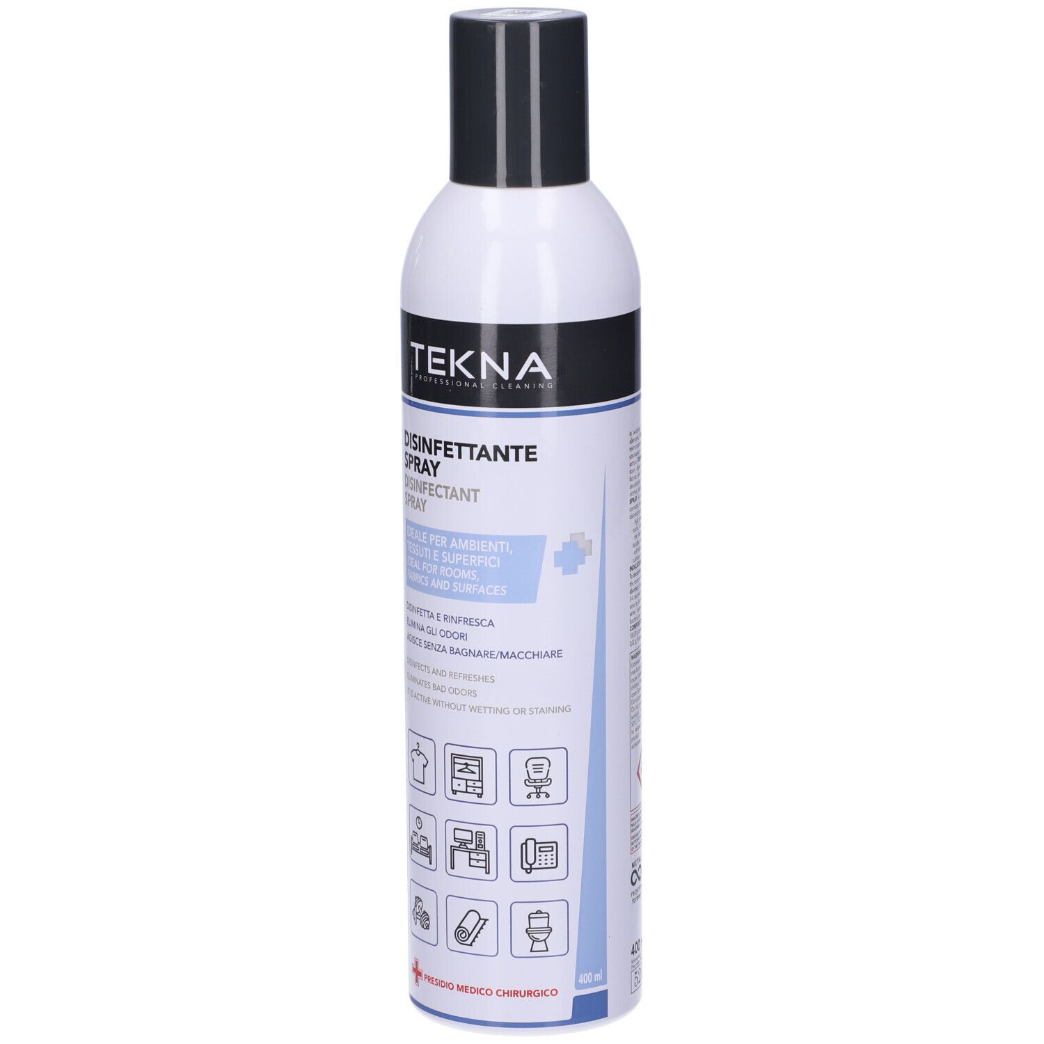 Flacone spray cilindrico, tappo nero. Scritte: TEKNA, Disinfettante Spray. Etichette blu e bianche con pittogrammi.