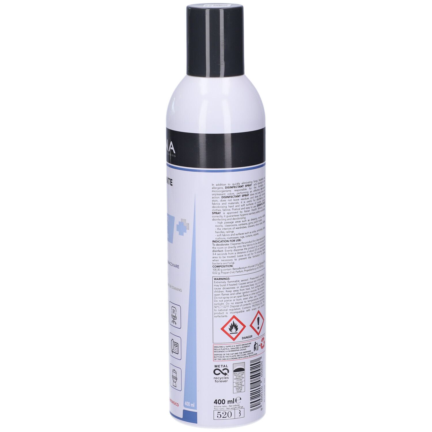 Retro di un flacone spray. Etichetta con testo e pittogrammi. Simboli di pericolo: fiamma, punto esclamativo. Volume: 400 ml.
