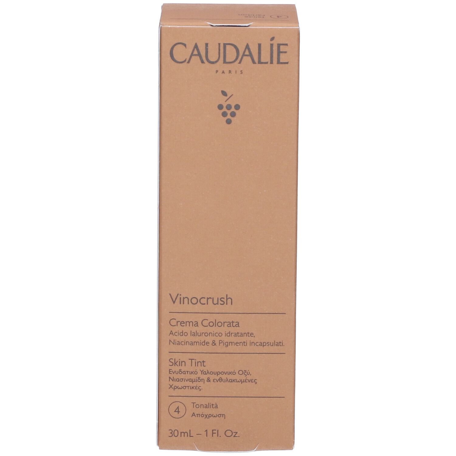 Caudalie Crema Colorata Vinocrush, confezione. Scatola marrone con informazioni sul prodotto e logo.